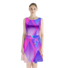 Squares Color Squares Background Sleeveless Waist Tie Chiffon Dress