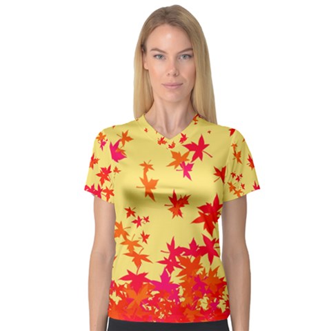 Leaves Autumn Maple Drop Listopad V-neck Sport Mesh Tee by Sapixe