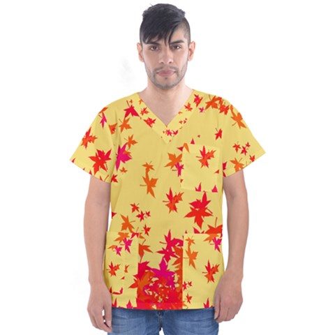 Leaves Autumn Maple Drop Listopad Men s V-neck Scrub Top by Sapixe