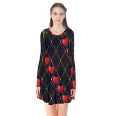 Background Texture Texture Hearts Long Sleeve V-neck Flare Dress