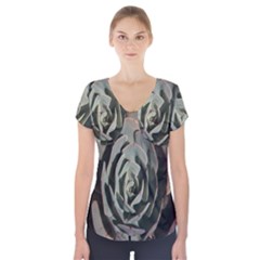 Succulent Green Pink Rosettes Short Sleeve Front Detail Top by Sapixe