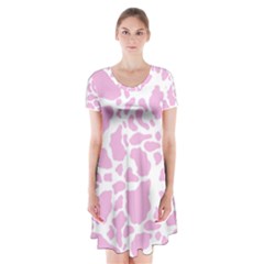 White Pink Cow Print Short Sleeve V-neck Flare Dress by LoolyElzayat