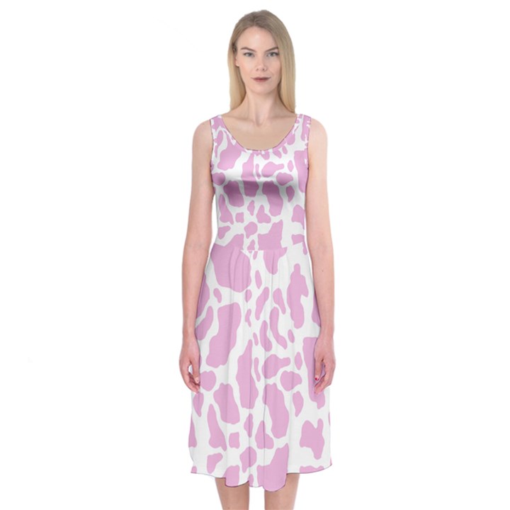 White Pink Cow Print Midi Sleeveless Dress