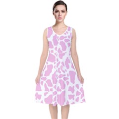 White Pink Cow Print V-neck Midi Sleeveless Dress  by LoolyElzayat