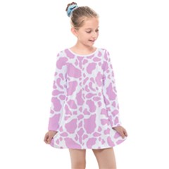 White Pink Cow Print Kids  Long Sleeve Dress by LoolyElzayat