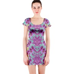 Climbing And Loving Beautiful Flowers Of Fantasy Floral Short Sleeve Bodycon Dress by pepitasart