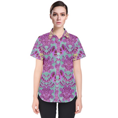 Climbing And Loving Beautiful Flowers Of Fantasy Floral Women s Short Sleeve Shirt by pepitasart