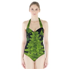 Decoration Green Black Background Halter Swimsuit by Sapixe