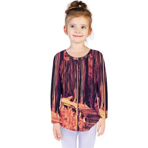 Forest Autumn Trees Trail Road Kids  Long Sleeve Tee by Sapixe