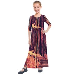 Forest Autumn Trees Trail Road Kids  Quarter Sleeve Maxi Dress by Sapixe