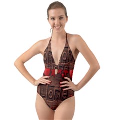 Background Romantic Love Wood Halter Cut-out One Piece Swimsuit by Sapixe