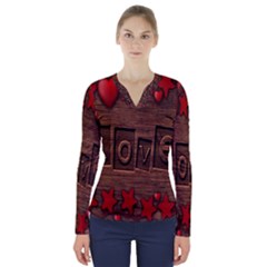 Background Romantic Love Wood V-neck Long Sleeve Top by Sapixe