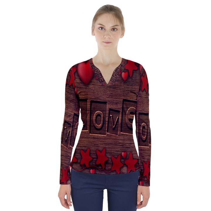 Background Romantic Love Wood V-Neck Long Sleeve Top