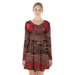 Background Romantic Love Wood Long Sleeve Velvet V-neck Dress by Sapixe