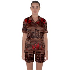 Background Romantic Love Wood Satin Short Sleeve Pyjamas Set by Sapixe