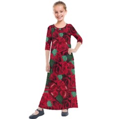 Floral Flower Pattern Art Roses Kids  Quarter Sleeve Maxi Dress