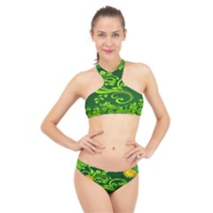 Background Texture Green Leaves High Neck Bikini Set by Sapixe