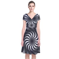 Art Optical Black White Hypnotic Short Sleeve Front Wrap Dress by Sapixe