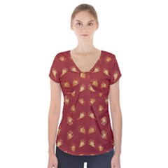 Primitive Art Hands Motif Pattern Short Sleeve Front Detail Top by dflcprints