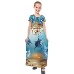 Dolphin Art Creation Natural Water Kids  Short Sleeve Maxi Dress by Sapixe