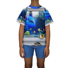 Dolphin Art Creation Natural Water Kids  Short Sleeve Swimwear by Sapixe