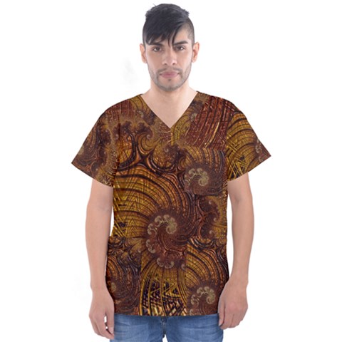 Copper Caramel Swirls Abstract Art Men s V-neck Scrub Top by Sapixe