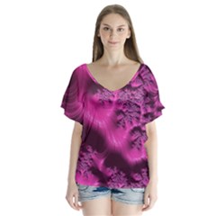 Fractal Artwork Pink Purple Elegant V-neck Flutter Sleeve Top by Sapixe