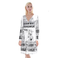 Line Art Architecture Long Sleeve Velvet Front Wrap Dress