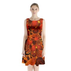 Leaf Autumn Nature Background Sleeveless Waist Tie Chiffon Dress by Sapixe