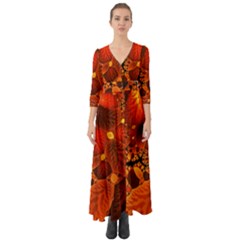 Leaf Autumn Nature Background Button Up Boho Maxi Dress