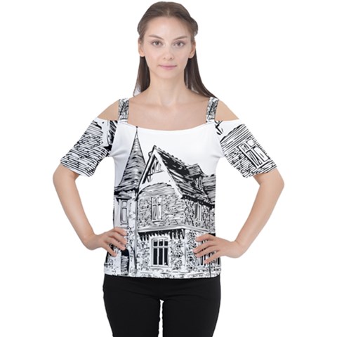 Line Art Architecture Old House Cutout Shoulder Tee by Sapixe