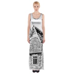 Line Art Architecture Old House Maxi Thigh Split Dress by Sapixe