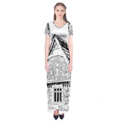 Line Art Architecture Old House Short Sleeve Maxi Dress by Sapixe