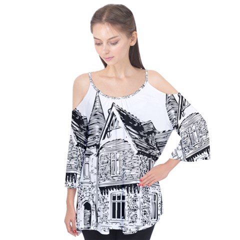 Line Art Architecture Old House Flutter Tees by Sapixe