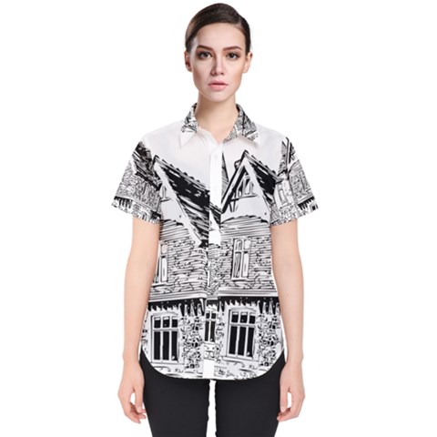 Line Art Architecture Old House Women s Short Sleeve Shirt by Sapixe