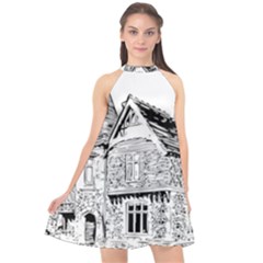 Line Art Architecture Old House Halter Neckline Chiffon Dress  by Sapixe