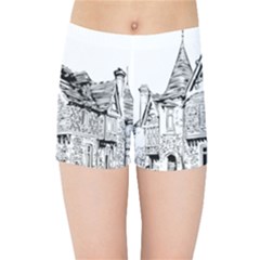 Line Art Architecture Old House Kids Sports Shorts by Sapixe