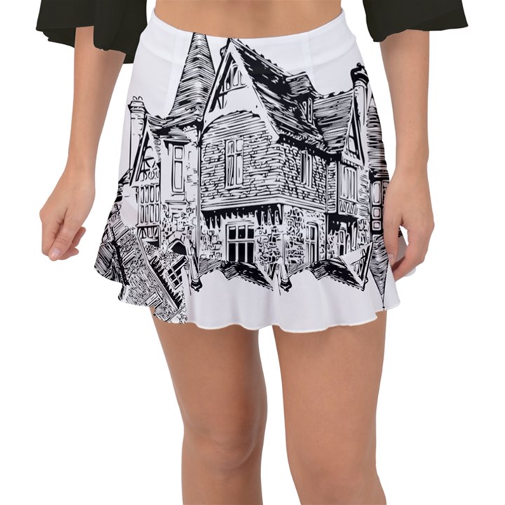 Line Art Architecture Old House Fishtail Mini Chiffon Skirt