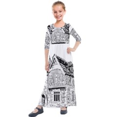 Line Art Architecture Old House Kids  Quarter Sleeve Maxi Dress by Sapixe