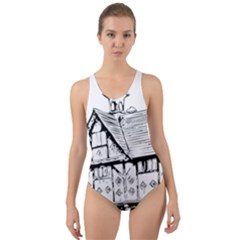 Line Art Architecture Vintage Old Cut-out Back One Piece Swimsuit by Sapixe