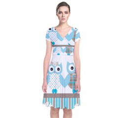 Owl Animal Daisy Flower Stripes Short Sleeve Front Wrap Dress by Sapixe