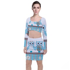 Owl Animal Daisy Flower Stripes Long Sleeve Crop Top & Bodycon Skirt Set by Sapixe