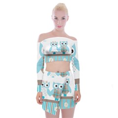 Owl Animal Daisy Flower Stripes Off Shoulder Top With Mini Skirt Set by Sapixe