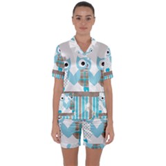 Owl Animal Daisy Flower Stripes Satin Short Sleeve Pyjamas Set by Sapixe