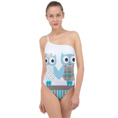 Owl Animal Daisy Flower Stripes Classic One Shoulder Swimsuit by Sapixe