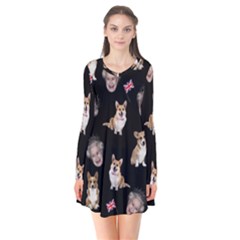 Queen Elizabeth s Corgis Pattern Long Sleeve V-neck Flare Dress by Valentinaart