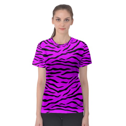 Hot Neon Pink And Black Tiger Stripes Women s Sport Mesh Tee by PodArtist