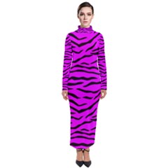 Hot Neon Pink And Black Tiger Stripes Turtleneck Maxi Dress by PodArtist