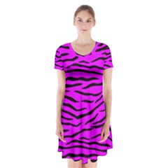 Hot Neon Pink And Black Tiger Stripes Short Sleeve V-neck Flare Dress by PodArtist