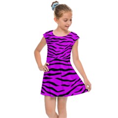 Hot Neon Pink And Black Tiger Stripes Kids Cap Sleeve Dress by PodArtist